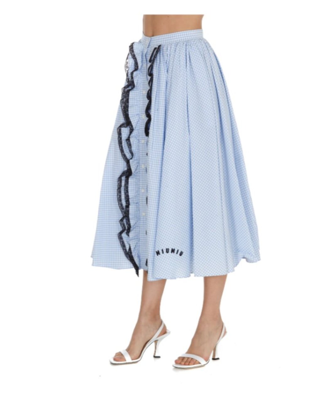 Miu Miu Gingham Ruffled Lace-Trimmed Midi Skirt - Picture 7 of 16